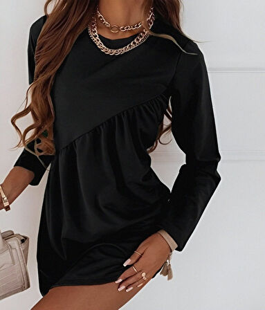 Reka Moda Kadın Uzun Kollu Bisiklet Yaka çapraz Büzgü Detay Iki Iplik Mini Boy Elbise