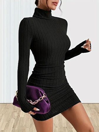 Reka Moda Kadın Uzun Kollu Balıkçı Yaka Kısa şardonlu Kaşkorse Elbise