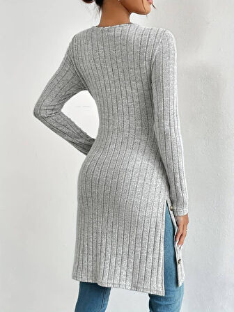 Reka Moda Kadın Uzun Kollu Yuvarlak Yaka Yandan Yırtmaçlı Düğmeli şardonlu Kaşkorse Bluz