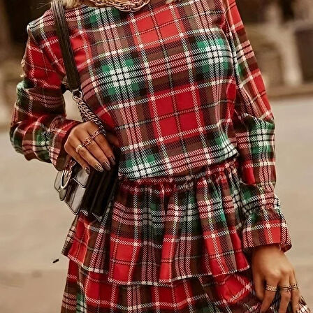 Reka Moda Kadın Ekose Kumaş Dijital Baskılı Uzun Kollu Mini Boy Elbise