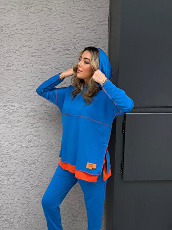 Reka Moda Kadın Indigo Kapşonlu Etek Ucu Detay Arma Ters Dikiş Gorunumlu Ikili Takım