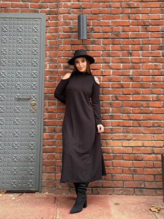 Reka Moda Kadın Balıkçı Yaka Omuzlardan Açık Uzun Kollu Janjan Krep Elbise