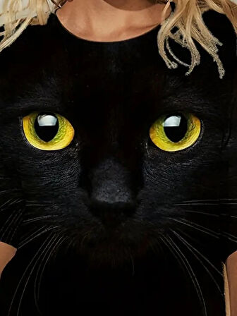 Reka Moda Kadın Uzun Kollu Bisiklet Yaka Kedi Desenli Süprem Bluz