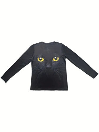 Reka Moda Kadın Uzun Kollu Bisiklet Yaka Kedi Desenli Süprem Bluz