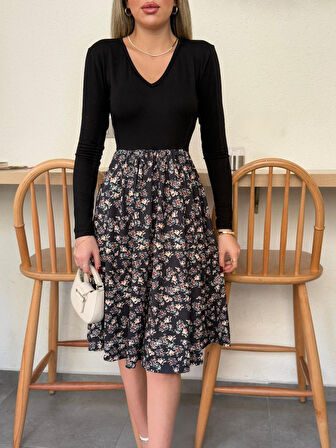 Reka Moda Kadın Uzun Kollu V Yakalı üst Viskon Alt çiçek Desenli Süprem Kısa Elbise