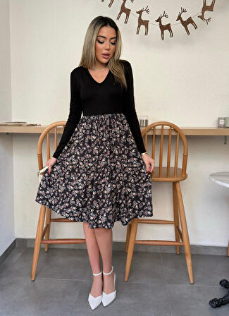 Reka Moda Kadın Uzun Kollu V Yakalı üst Viskon Alt çiçek Desenli Süprem Kısa Elbise