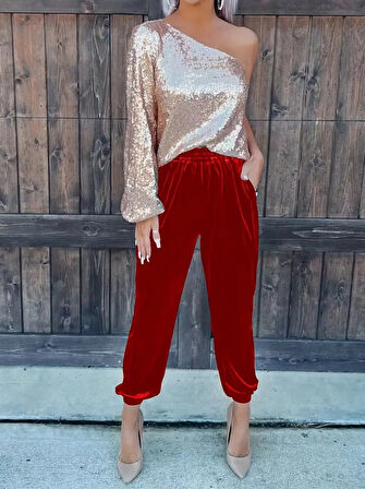 Reka Moda Kadın Beli Lastikli Yüksek Bel Cep Detay Kadife Pantolon