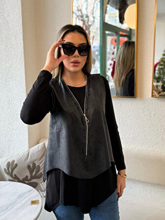 Reka Moda Kadın Uzun Kol Asimetrik Kesim Viskon Bluz Ve çatlak Deri Görünümlü Fermuar Detaylı Yelek 