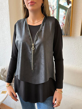 Reka Moda Kadın Uzun Kol Asimetrik Kesim Viskon Bluz Ve çatlak Deri Görünümlü Fermuar Detaylı Yelek 