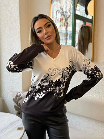 Reka Moda Kadın Uzun Kollu V Yakalı çiçek Baskılı şardonlu Dalgıç Bluz