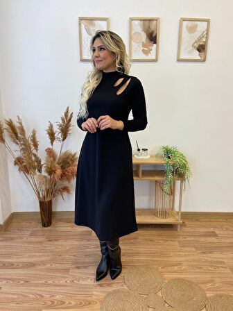 Reka Moda Kadın Uzun Kollu Balıkçı Yaka Omuzda Damla Detaylı Yırtmaçlı Krep Midi Elbise