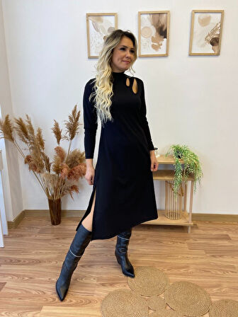 Reka Moda Kadın Uzun Kollu Balıkçı Yaka Omuzda Damla Detaylı Yırtmaçlı Krep Midi Elbise