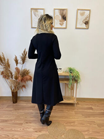 Reka Moda Kadın Uzun Kollu Balıkçı Yaka Omuzda Damla Detaylı Yırtmaçlı Krep Midi Elbise