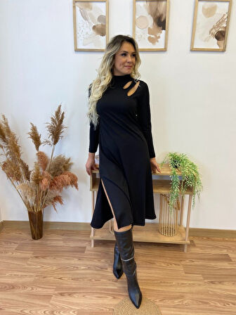 Reka Moda Kadın Uzun Kollu Balıkçı Yaka Omuzda Damla Detaylı Yırtmaçlı Krep Midi Elbise