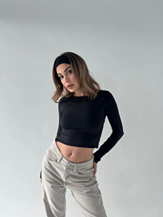 Reka Moda Sırt Dekoltelı Uzun Kollu Crop - Siyah