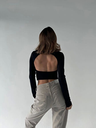 Reka Moda Sırt Dekoltelı Uzun Kollu Crop - Siyah