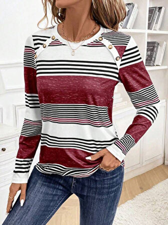 Reka Moda Kadın Uzun Kollu Bisiklet Yaka Düğme Detaylı Desenli Süprem Bluz