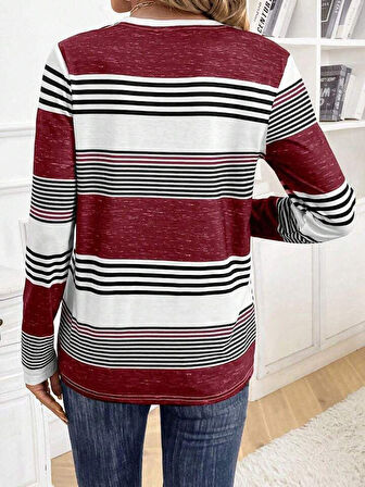 Reka Moda Kadın Uzun Kollu Bisiklet Yaka Düğme Detaylı Desenli Süprem Bluz