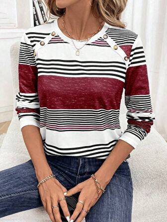 Reka Moda Kadın Uzun Kollu Bisiklet Yaka Düğme Detaylı Desenli Süprem Bluz