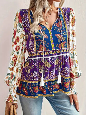 Reka Moda Kadın Uzun Kollu Yakası Açık Bağcıklı çiçek Desenli Salaş Bluz