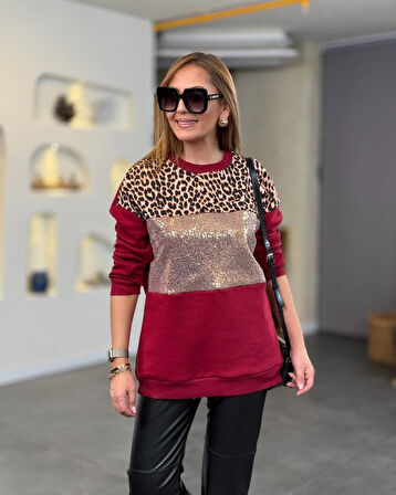 Reka Moda Kadın üç Iplik şardonlu Kumaş Leopar Desenli Bluz