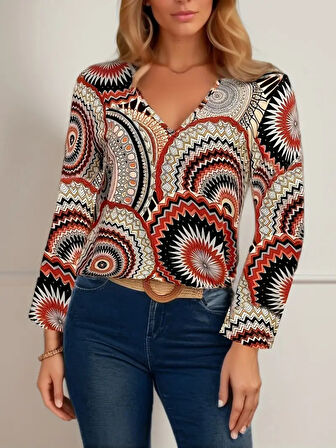 Reka Moda Kadın Uzun Kollu V Yakalı Desenli Süprem Bluz