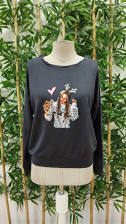 Reka Moda Kadın Yılbaşı özel Uzun Kollu Bisiklet Yaka Desenli Viskon Iki Iplik Bluz