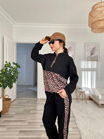 Reka Moda Kadın Uzun Kollu Leopar Detay Sweat Ve Yanı Leopar şerit Detay Pantolon Ikili Takım