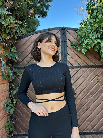 Reka Moda Kadın Paçası Yırtmaç Detaylı Taşlı Bel Bağlamalı Kaşkorse İkili Takım