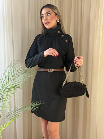 Reka Moda Kadın Uzun Kollu Balıkçı Yaka Düğme Detaylı Kısa şardonlu Dalgıç Elbise