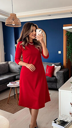 Reka Moda Kadın Uzun Kollu Bisiklet Yaka Midi Ithal Krep Elbise