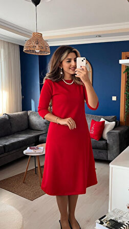 Reka Moda Kadın Uzun Kollu Bisiklet Yaka Midi Ithal Krep Elbise