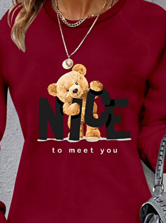 Reka Moda Kadın Uzun Kollu Bisiklet Yaka Ayı Desenli Viskon Iki Iplik Elbise