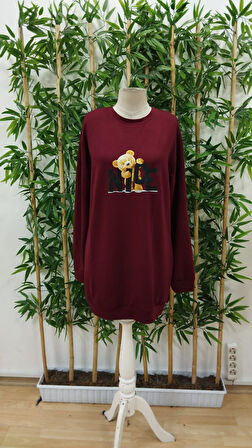 Reka Moda Kadın Uzun Kollu Bisiklet Yaka Ayı Desenli Viskon Iki Iplik Elbise