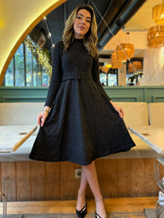 Reka Moda Kadın Uzun Kollu Balıkçı Yaka Kemer Detaylı Yumoş Midi Elbise