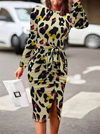 Reka Moda Kadın Uzun Kollu Yuvarlak Yaka Belden Kuşaklı önden Yırtmaçlı örme Krep Elbise