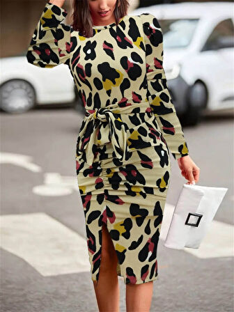 Reka Moda Kadın Uzun Kollu Yuvarlak Yaka Belden Kuşaklı önden Yırtmaçlı örme Krep Elbise