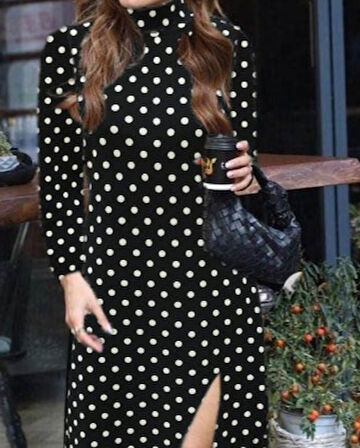 Reka Moda Kadın Uzun Kollu Balıkçı Yaka Yırtmaçlı Krep Elbise