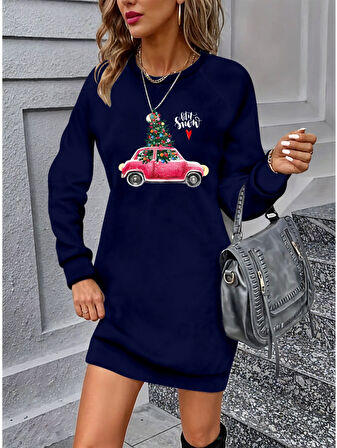 Reka Moda Kadın Uzun Kollu Bisiklet Yaka Desenli Viskon Iki Iplik Elbise