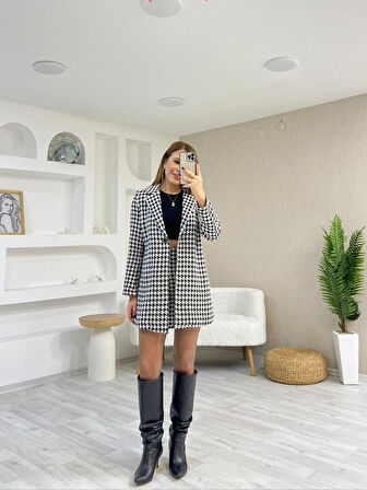 Reka Moda Kadın Kazayağı Desen Vatka Detay Kaban Ve Yüksek Bel Etek Ikili Takım