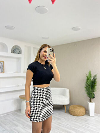 Reka Moda Kadın Kazayağı Desen Vatka Detay Kaban Ve Yüksek Bel Etek Ikili Takım