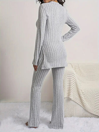 Reka Moda Kadın Uzun Kollu Yuvarlak Yaka Yandan Yırtmaç Detaylı şardonlu Kaşkorse Bluz Ve Pantolon Ikili Takım