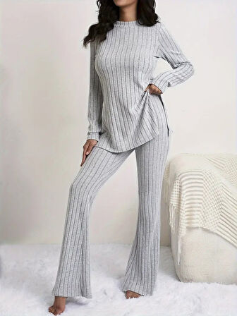 Reka Moda Kadın Uzun Kollu Yuvarlak Yaka Yandan Yırtmaç Detaylı şardonlu Kaşkorse Bluz Ve Pantolon Ikili Takım