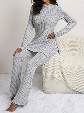 Reka Moda Kadın Uzun Kollu Yuvarlak Yaka Yandan Yırtmaç Detaylı şardonlu Kaşkorse Bluz Ve Pantolon Ikili Takım