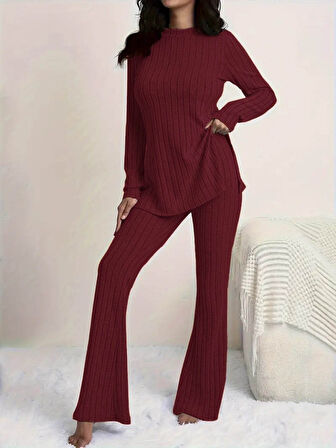 Reka Moda Kadın Uzun Kollu Yuvarlak Yaka Yandan Yırtmaç Detaylı şardonlu Kaşkorse Bluz Ve Pantolon Ikili Takım