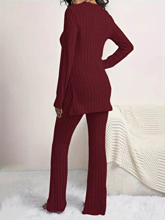 Reka Moda Kadın Uzun Kollu Yuvarlak Yaka Yandan Yırtmaç Detaylı şardonlu Kaşkorse Bluz Ve Pantolon Ikili Takım