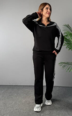 Reka Moda Kadın Fermuar Ve Ekose Detay Sweatshirt Ve Pantolon üç Iplik Kumaş Ikili Takım