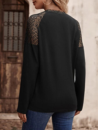 Reka Moda Kadın Uzun Kollu V Yakalı Dantel Detaylı Viskon Bluz
