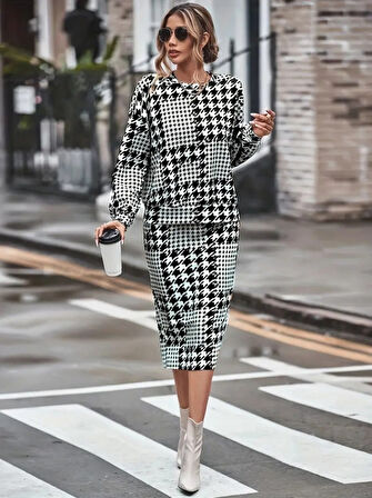 Reka Moda Kadın Uzun Kollu Bisiklet Yaka şardonlu Dalgıç Bluz Ve Yırtmaçlı Midi Etek Takım