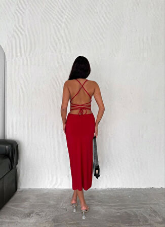 Reka Moda Sırt Bağlamalı Derin Yirtmaç Askılı Elbise - Kırmızı